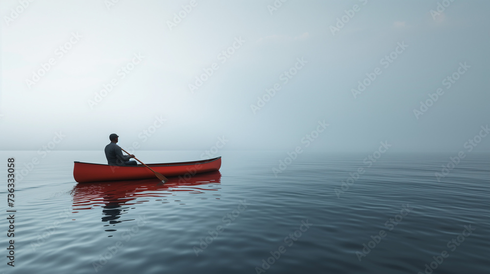 boat on the lake in the morning mist, Man canoeing on calm lake in moody and sulky weather, Peaceful morning scene: man canoeing on calm lake in moody weather