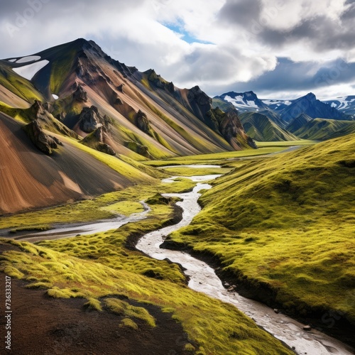 Landmannalaugar landscape panorama mountains. Icelandic valleys with a river. Generative ai