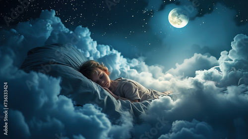 kid sleeping peacefully on soft clouds in the sky at night under moon light