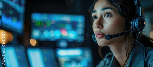 Female operator speaking into headset microphone.