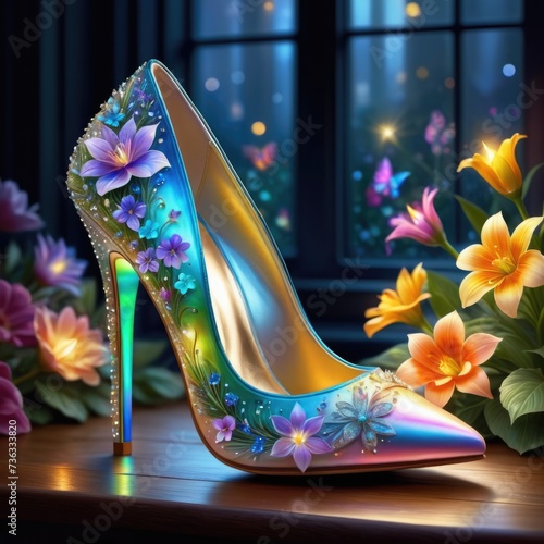 Vivid digital art glowing iridescent high heel, intricate flowers by ai generated