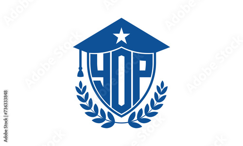 YOP three letter iconic academic logo design vector template. monogram, abstract, school, college, university, graduation cap symbol logo, shield, model, institute, educational, coaching canter, tech photo