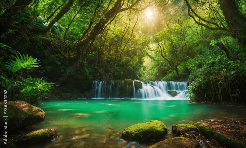 Obraz premium Hidden rain forest waterfall with lush foliage and mossy rocks, amazing nature