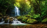 Hidden rain forest waterfall with lush foliage and mossy rocks, amazing nature