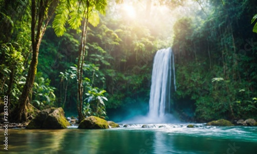 Hidden rain forest waterfall with lush foliage and mossy rocks, amazing nature © Dompet Masa Depan