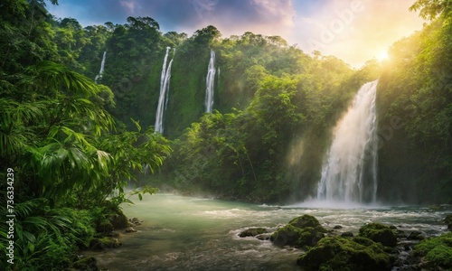 Hidden rain forest waterfall with lush foliage and mossy rocks  amazing nature