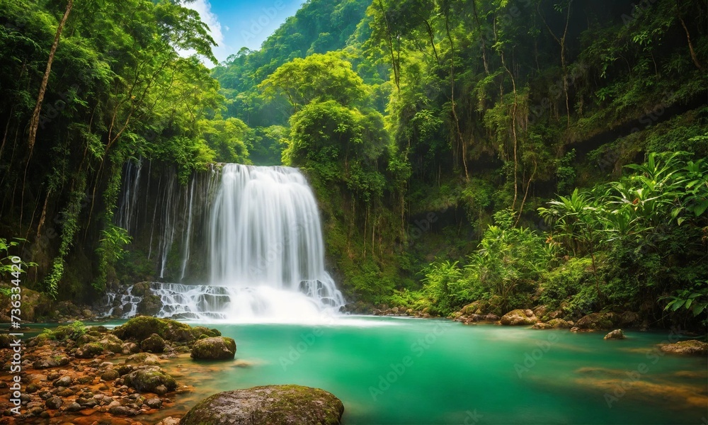 Hidden rain forest waterfall with lush foliage and mossy rocks, amazing nature Hidden rain forest waterfall with lush foliage and mossy rocks, amazing nature