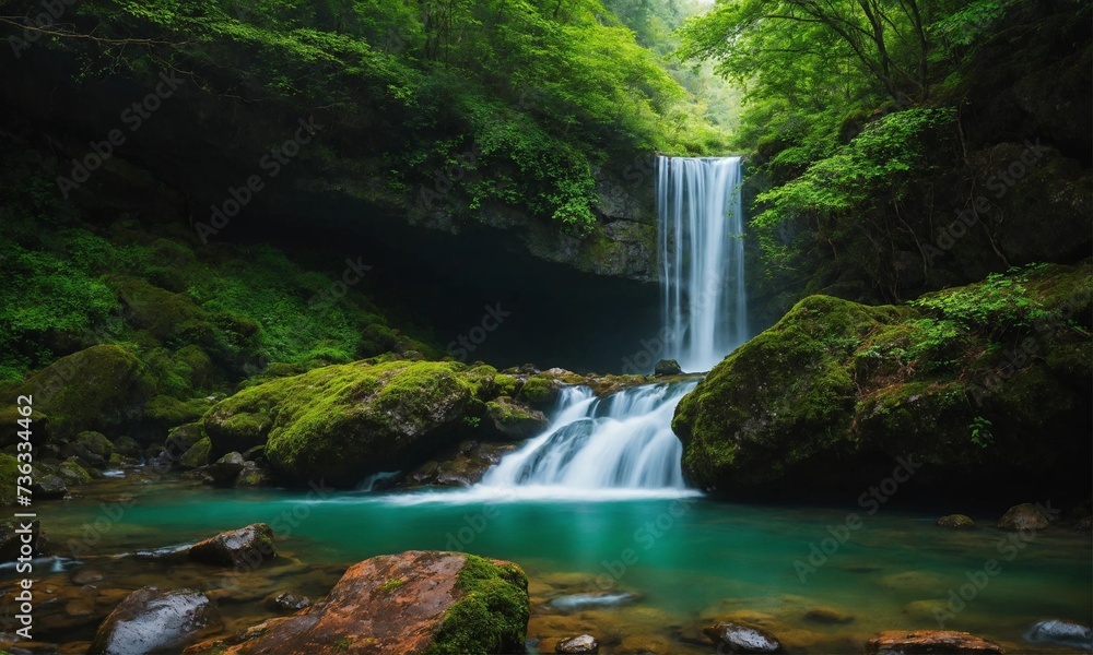 Fototapeta premium Hidden rain forest waterfall with lush foliage and mossy rocks, amazing nature