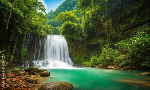 Hidden rain forest waterfall with lush foliage and mossy rocks  amazing nature