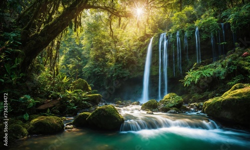 Hidden rain forest waterfall with lush foliage and mossy rocks  amazing nature