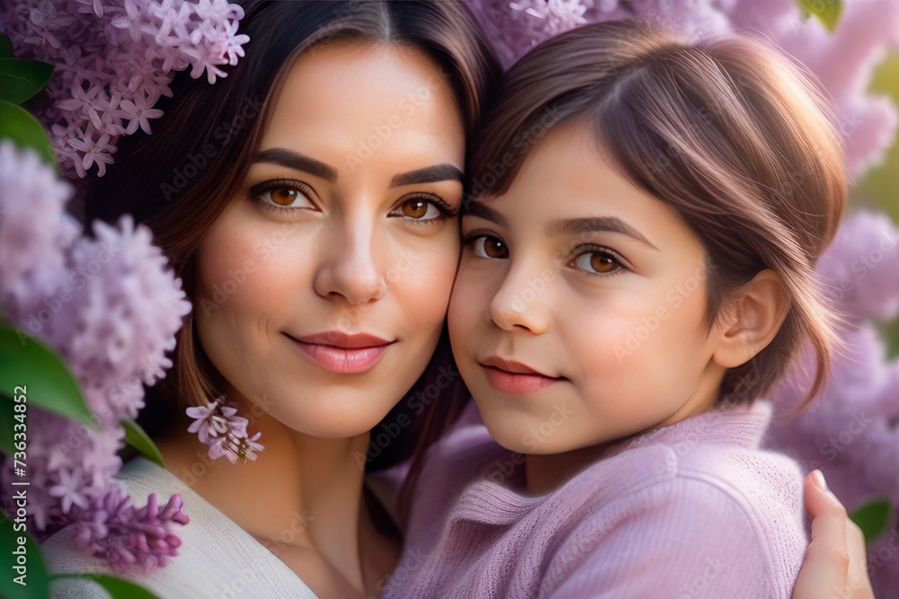 Happy Mother hugs his son lilac blossoms background. Happy Mother hugs his son lilac blossoms background.