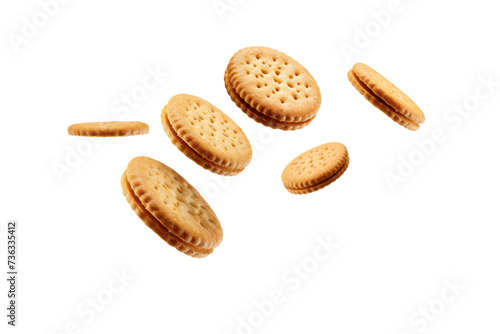 Crispy cracker falling with cracker flake in the air isolated on transparent background, dessert sweet concept, piece of breads.