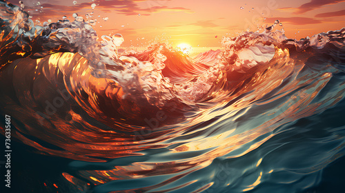 photo of a close-up view of sea waves against the setting sun
