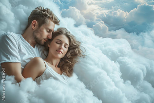 Fototapeta Naklejka Na Ścianę i Meble -  man and woman sleeping peacefully and cuddling on soft clouds in the sky