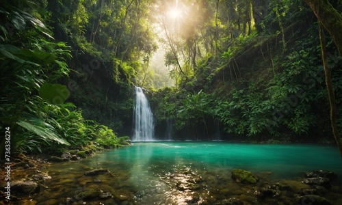 Waterfall river stream in green nature forest landscape  amazing nature