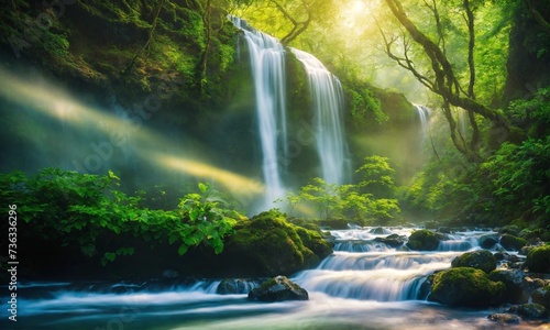Waterfall river stream in green nature forest landscape  amazing nature