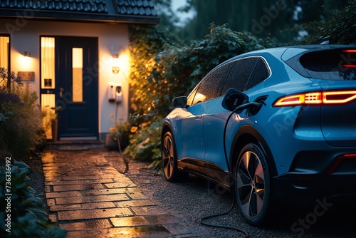 A digital car charging outside home in night with a big empty space, Generative AI. photo