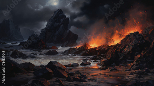 A dark and stormy scene with a fire and rocks