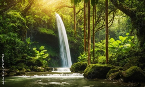 Panoramic photo landscape   Waterfall hidden in the tropical jungle  amazing nature