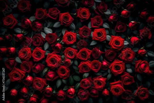 red roses background, A mesmerizing display of natural fresh red roses forms a stunning pattern against a white background. Viewed from the top, the roses create a beautiful tapestry of color and text © SANA