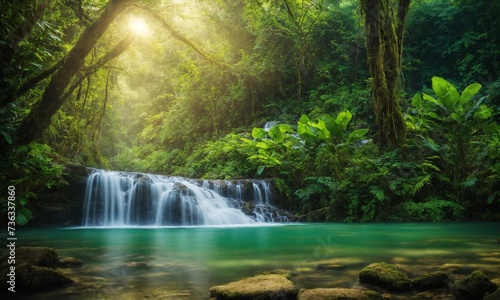 Panoramic photo landscape / Waterfall hidden in the tropical jungle, amazing nature © Dompet Masa Depan