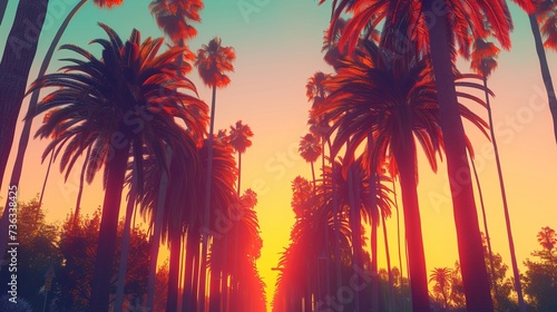 Tall, slender palm trees line the streets, their pixelated fronds swaying gently in the beauty breeze photo