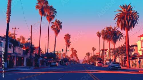 Tall  slender palm trees line the streets  their pixelated fronds swaying gently in the breeze