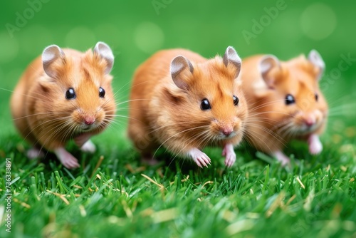 Three adorable, red-haired hamsters running for distillation in a green field. Close-up. Concept: competition, rivalry,