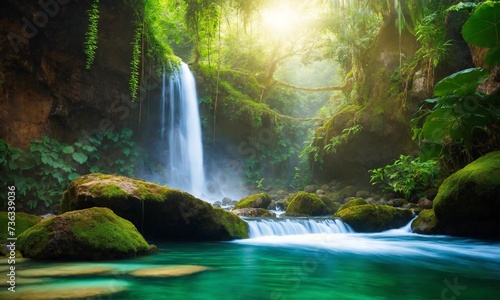 Jungle landscape with flowing turquoise water  amazing nature