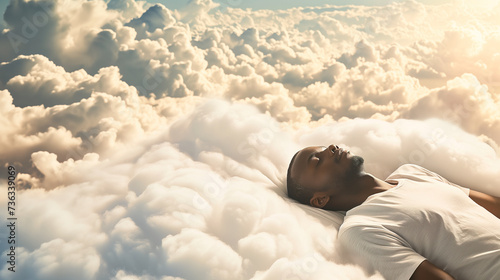 black man sleeping peacefully on soft clouds in the sky photo