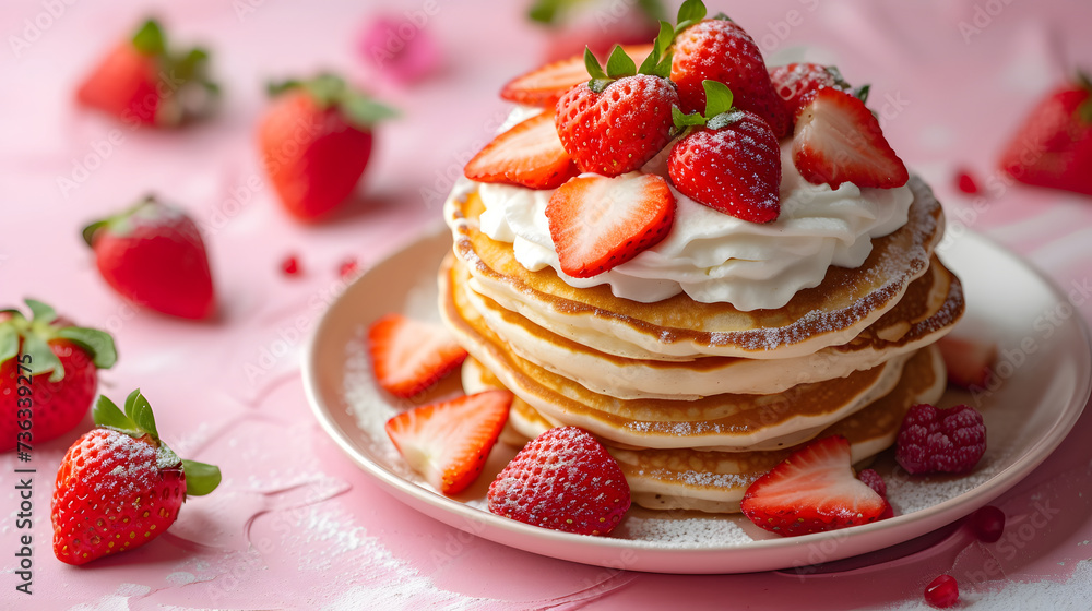 A stack of pancakes is topped with whipped cream and strawberries.