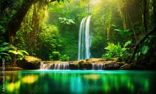 Beautiful mountain rainforest waterfall with fast flowing water and rocks  amazing nature