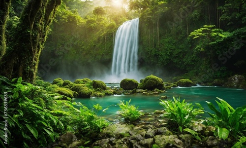 Beautiful mountain rainforest waterfall with fast flowing water and rocks, amazing nature © Dompet Masa Depan