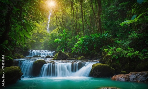 Beautiful mountain rainforest waterfall with fast flowing water and rocks, amazing nature