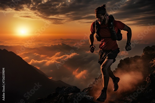 Skyrunner athlete runs uphill against a sunset or sunrise sky and sun. Skyrunning concept