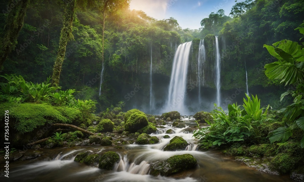 Beautiful mountain rainforest waterfall with fast flowing water and rocks, amazing nature Beautiful mountain rainforest waterfall with fast flowing water and rocks, amazing nature