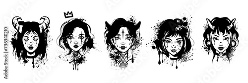 Anime girl face sticker set, vector Japanese manga character, cute cartoon asian female print. Graffiti grunge kawaii lady clipart, ink splash effect, dark woman poster. Anime girl cyberpunk design