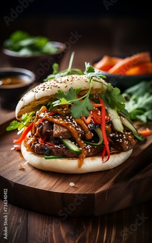 Photo of delicious bao burger with meat and vegetables
