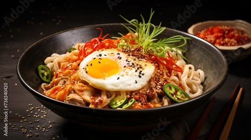 Photo of Asian noodles in bowl with egg on top. Asian dish close up