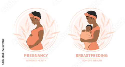 Pregnancy, breastfeeding and motherhood. Women health. Woman feeding baby. Vector illustration.