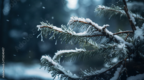 A spruce branch covered with snow in the forest