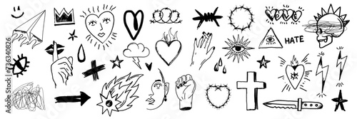Grunge doodle print set, vector black line tattoo punk element, love heart sign, skull, hands. Ink marker scribble collection, urban graffiti sketch, wax crayon pen emo icon. Grunge doodle y2k design