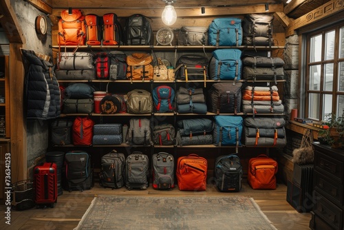 A cluttered indoor storage space filled with discarded luggage and backpacks, creating a chaotic yet intriguing scene against the store's wall and ceiling