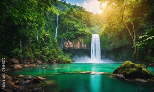 Waterfall hidden in the tropical jungle, amazing nature