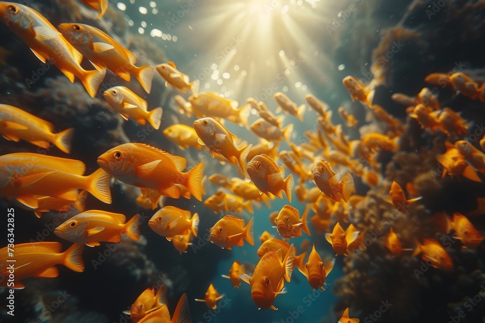 A mesmerizing school of golden fish gracefully glides through the crystal clear waters of the aquarium, showcasing the diverse beauty of marine life and capturing the wonder of nature