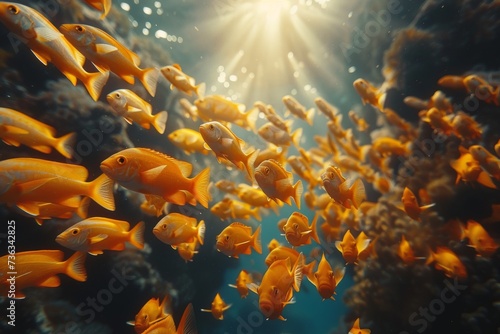 A mesmerizing school of golden fish gracefully glides through the crystal clear waters of the aquarium, showcasing the diverse beauty of marine life and capturing the wonder of nature