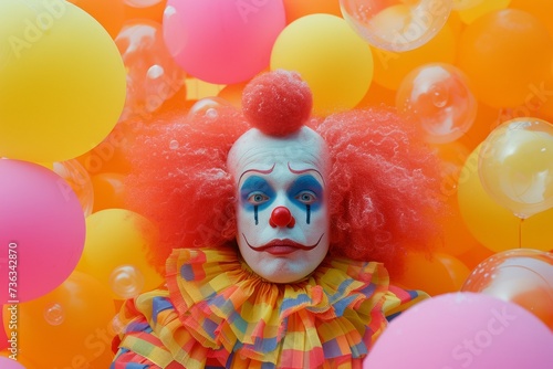 Despondent clown surrounded by a sea of colorful balloons