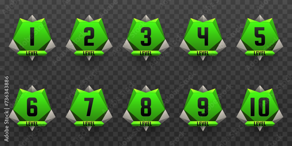 Obraz premium Green and Metal Border Game Level Up Badges Set for Game UI Designs