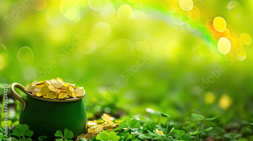 pot of gold and rainbow on green background, saint patrick's day