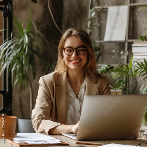 Happiness, laptop and typing professional woman, advocate or government attorney reading feedback review. Corporate research, law firm and business lawyer working on legal project development plan